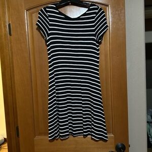 black and white striped dress, small criss cross on the back